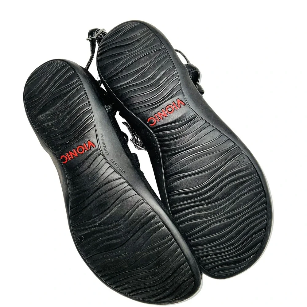 Vionic Orthaheel Miami Womens Leather T-Strap Sandals Slides Size 9 Black Silver